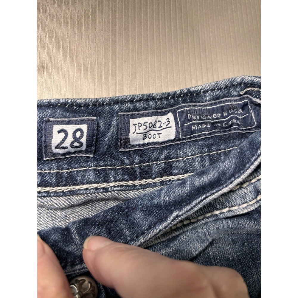 Women's Miss Me Bootcut Jeans Size 28 Dark Blue Distressed 33 Inseam Cowgirl - Picture 4 of 12
